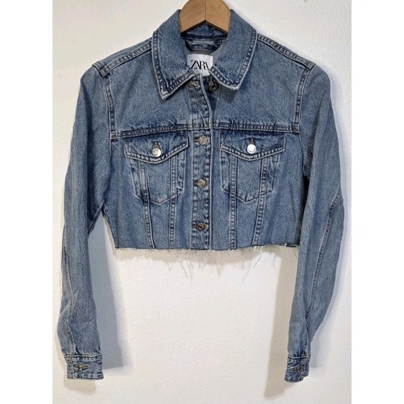 Zara Jackets & Blazers - ZARA Cropped Denim Jacket XS Blue Distressed Raw Hem Button Front Moto Grunge